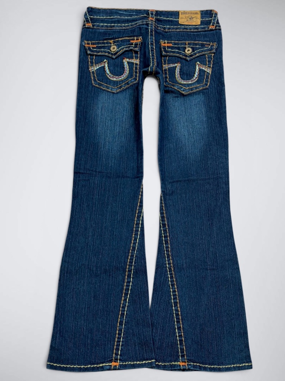 VTG True Religion “Joey Big T” Ultra Low Rise Flare Jeans | Rainbow Stitch